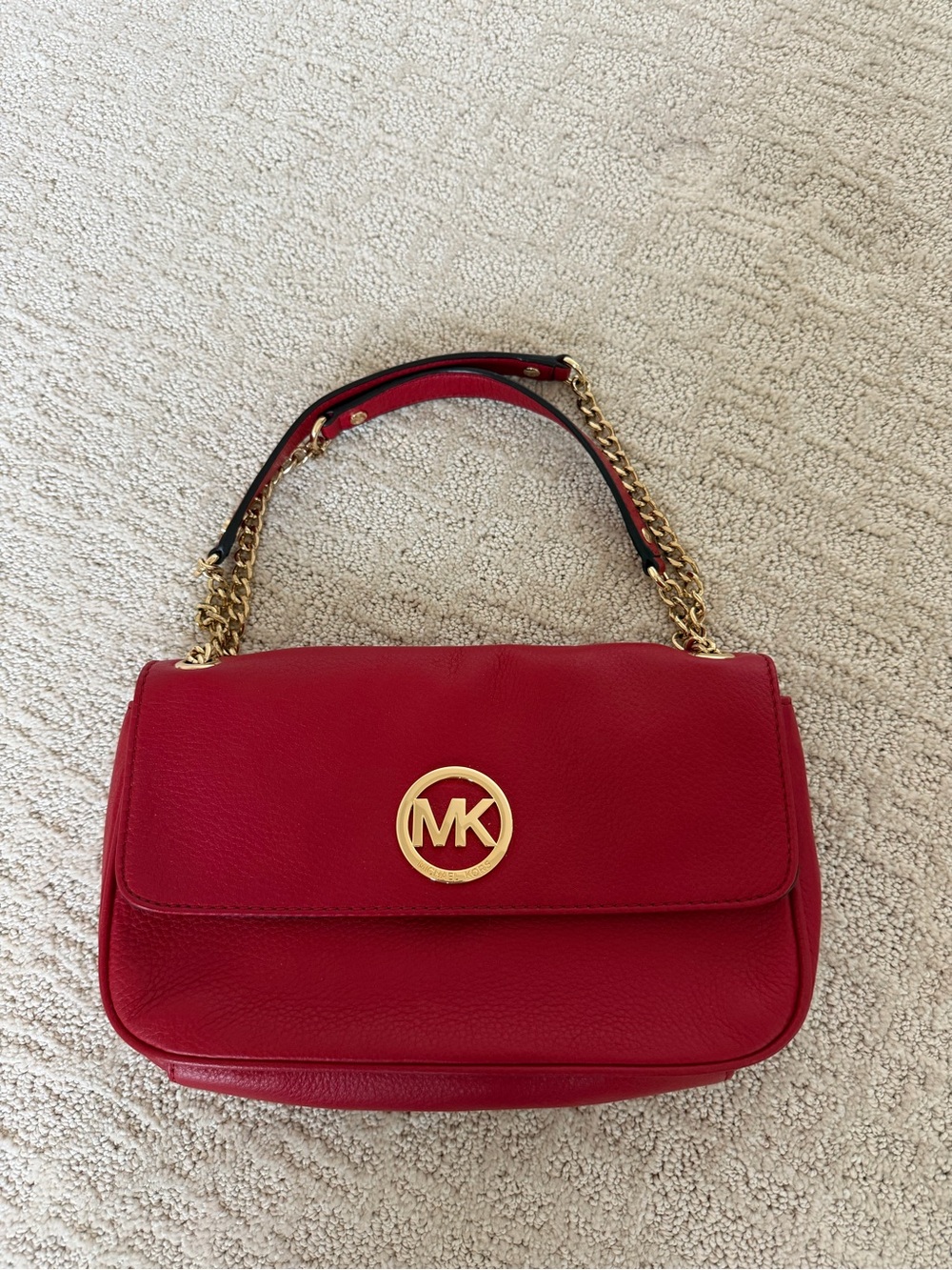 Michael Kors Red Leather Shoulder Bag with Gold MK Emblem